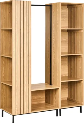 Produktbild von BELIANI Flurgarderobe Set Hellbraun Holzoptik Lamellen 175 cm Hoch Schmal mit 9 Fächern u. Kleiderstange Landhausstil für Flur Büro Schlafzimmer