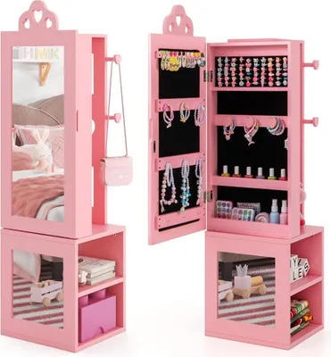 Produktbild von 3 in 1 Spiegelschrank mit Ganzkörperspiegel & Kleiderständer Kinder Schmuckschrank Rosa