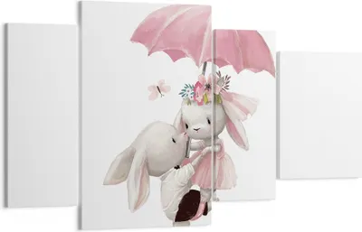 Produktbild von Bild auf Leinwand - Leinwandbild - 4 Teile - Hasen Regenschirm Kinder - 120x70cm - Wand Bild - Wanddeko - Wandbilder - Leinwanddruck - Bilder - Wanddekoration - Leinwand bilder - DL120x70-4777