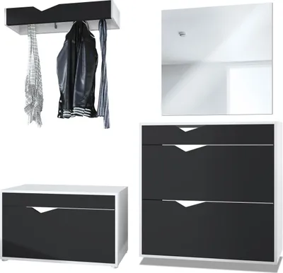 Produktbild von Vladon Garderobe Kolmio 190 x 185 x 33 cm Flurgarderoben Set,  Germany, Korpus in Weiß matt, Fronten in Schwarz matt | Große Farbauswahl