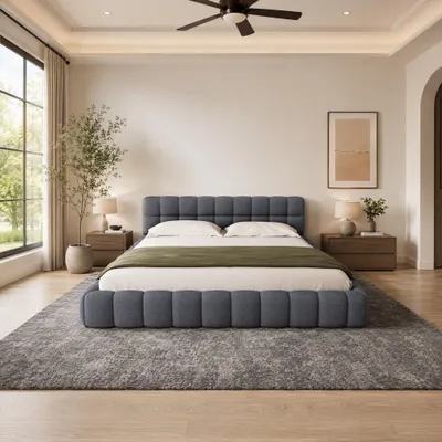 Zdjęcie produktu dla INONEFT Bubble Bett 160x200, łóżko tapicerowane z listew, podwójne łóżko młodzieżowe, rama łóżka z tapicerowanym zagłówkiem, tkanina lniana, kolor: szary