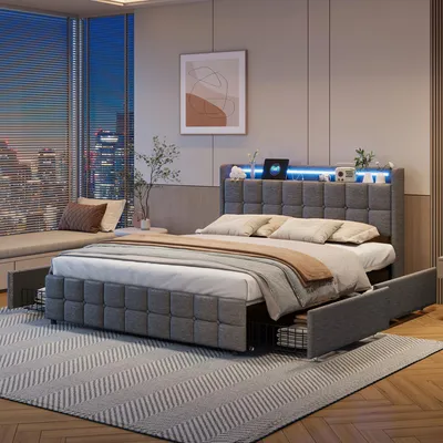 Produktbild von SUNFECILI Polsterbett 160x200 cm,Bett mit Schubladen,mit Lattenrost,Weicher Rückenlehne und Kopfteil,USB,LED,Doppelbett,Jugendbett,Leinen,Grau