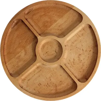 Produktbild von Ø25cm Servierplatte aus natürlichem Holz mit 5 geteilten Fächern, Servierteller von Vorspeisen, Käse und Snacks, Holzplatte Cheeseboard für Fleisch und Käse, Käseplatte, Cheese Board
