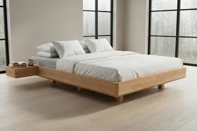 Produktbild von Schwebebett aus massivem Buchenholz Visby LENA FLAT mit Nachttischen, 200x200 cm, Farbe Natur