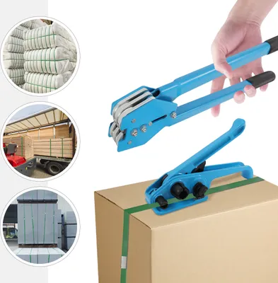 A collage showing a hand holding a blue strapping tool, a close-up of the tool on a cardboard box, and two circular insets showing bales of goods and a truck loaded with wooden planks.
