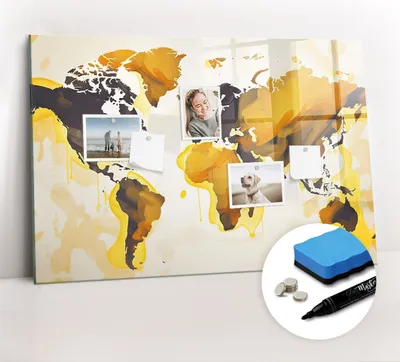 Produktbild von Magnetpinnwand Memoboard - Zubehörsatz - Schwarzer Marker + Schwamm + Magnete - 90 x 60 cm - Abstraktion einer Weltkarte