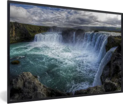 Produktbild von MuchoWow® Gerahmtes Poster Island - Wasserfälle - Blau 90x60 cm - Poster mit Schwarzem Bilderrahmen Wandposter Rahmen Foto Bilder - Fotorahmen - Foto-Plakat