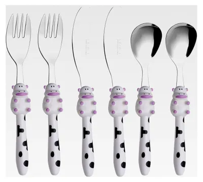 Produktbild von 6-teiliges Kinderbesteckset aus rostfreiem Stahl - 2 Gabeln, 2 Sicherheitsmesser, 2 Esslöffel (Kuh x 6)