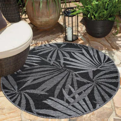Produktbild von Teppich Outdoor Wetterfest - Anthrazit, Grau - Wendeteppich - 120 cm Rund - Florales Muster