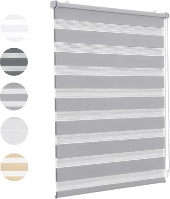 A roller blind with alternating opaque and sheer stripes, shown in gray and white.