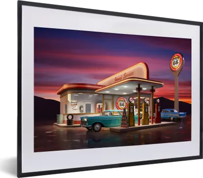 Produktbild von MuchoWow® MuchoWow® Gerahmtes Poster Tankstelle - Auto - Oldtimer 40x30 cm - Poster mit zchwarzem Bilderrahmen - Bilderrahmen - Poster im Rahmen