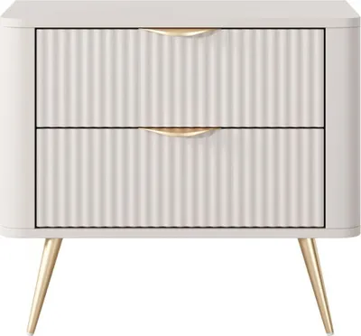 A beige nightstand with two drawers and gold handles, shown from the front on a white background.