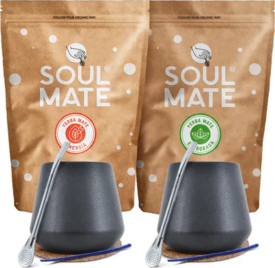 Produktbild von Soul Mate - Mate Tee Set Bio Guarana, Elaborada 2x500g - Mit 2x Keramik Becher Obelise, 2x Bombilla - Belebend, Mild, Natürlicher Wachmacher