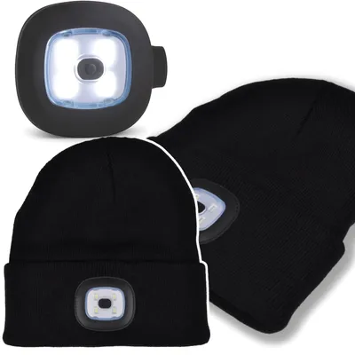 Produktbild von LED Mütze Wintermütze Beanie mit USB Licht Schwarz Arbeitsmütze mit Ersatzlampe 3 Modi