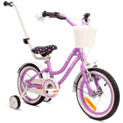 Image de Vélo de fille 14 pouces cloche roues supplémentaires barre de poussée Heart Bike violet