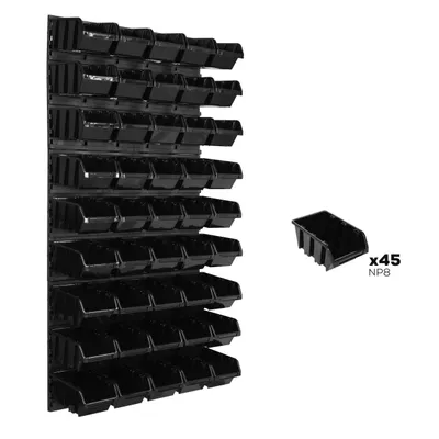 Produktbild von Lagersystem Wandregal 578 x 1170 mm | 45 stck. Box | Stapelboxen Schüttenregal Sichtlagerkästen | Extra Starke Wandplatten | Regal Erweiterbar | Werkstattregal Lagerregal Werkstattwandregal Steckregal