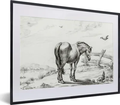 Produktbild von MuchoWow® MuchoWow® Gerahmtes Poster Stehendes Pferd mit Henne und Küken - Gemälde von Jean Bernard 40x30 cm - Poster mit zchwarzem Bilderrahmen - Bilderrahmen - Poster im Rahmen