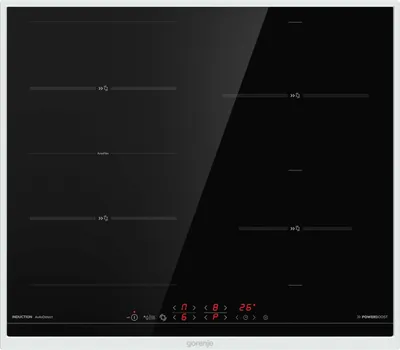 A top-down view of a black induction cooktop with white trim.