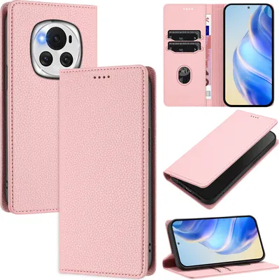 Produktbild von Litchi Leder Handyhülle für Honor Magic6 Wallet Kartenfächer Standfunktion Hülle Pink