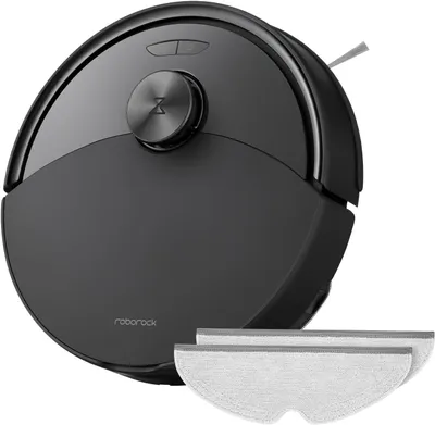 A black robotic vacuum cleaner with two mopping pads in front of it, set against a white background.
