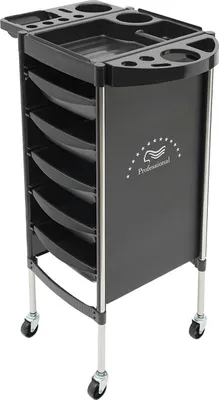 Zdjęcie produktu dla Wózek fryzjerski – wózek na kółkach – 6 poziomów – 5 wysuwanych szuflad – kółka – stal nierdzewna – czarny