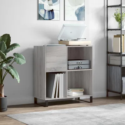 Produktbild von Grauer Sonoma-Schallplattenschrank für LPs und Vinyl mit Plattenspielertisch, Eisenbeinen und offenen Fächern, Phonoschrank aus Holzwerkstoff, 84,5 x 38 x 89 cm