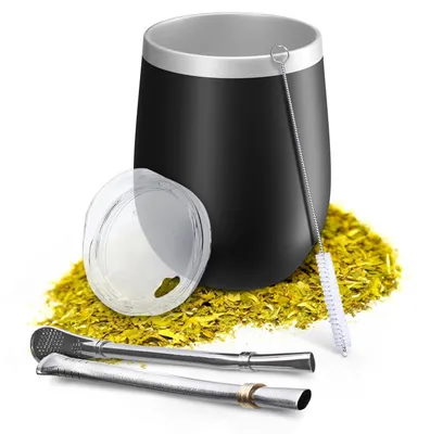 Yerba-Mate-Becher 350 ml doppelwandig mit Deckel und 2 Stahlhalmen