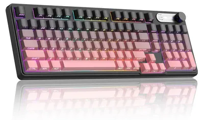 Produktbild von 95% Gaming Tastatur RGB kabellos & kabelgebunden, 98 Tasten Membran Keyboard mit BT/2.4G/USB, Lautstärke-Regler schwarz-pink