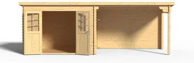 Produktbild von Gartenhaus Blockbohlenhaus CA2977 28 mm naturbelassen mit 3 m Anbau inkl. selbstkl. Dachbahn + Boden