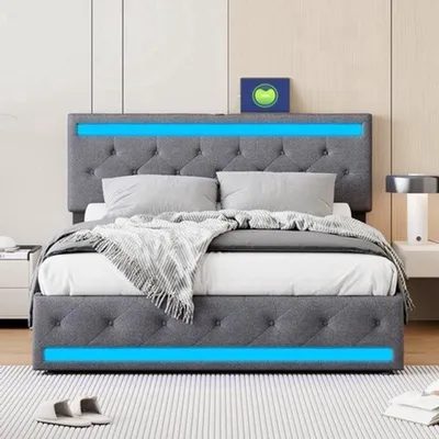 Zdjęcie produktu dla Łóżko tapicerowane 140x190 cm - z pojemnikiem na pościel i oświetleniem LED - ciemnoszary materiał lniany - z portami USB