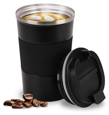 Thermobecher 380 ml, Edelstahl, BPA-frei, schwarz mit Halterung