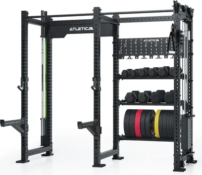 Produktbild von ATLETICA R8 Falcon R | Schwarz | Kompaktes Power Rack mit Kabelzug, 95kg Gewichtsblock & komplettem Storage-System