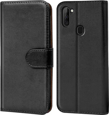 A black flip case for a Samsung Galaxy M11 phone is shown, with the case open and closed.