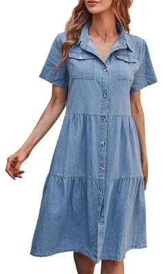 Imagen del producto de Elzusha - Vestido vaquero para mujer, corte midi, mangas cortas y con bolsillos