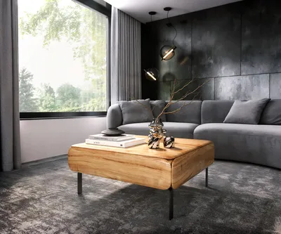 Produktbild von DELIFE Couchtisch Shavani 90x90 cm Akazie Natur 2 Türen L-Fuß Metall Schwarz