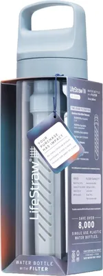 A LifeStraw Go Series water bottle with filter is displayed in its retail packaging.
