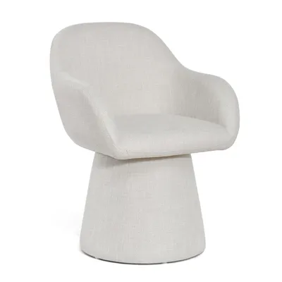 A light-colored, upholstered chair with a swivel base, presented against a white background.