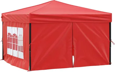 A red party tent with windows and a closed entrance.