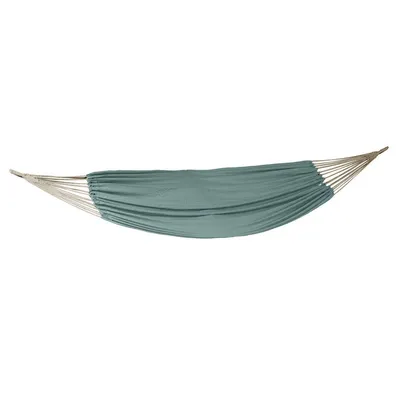 A teal hammock is suspended against a white background.
