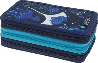 A three-tiered pencil case with a deep ocean-themed design.