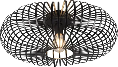 A black, cage-like ceiling light fixture with a visible light bulb.