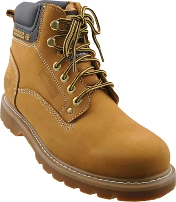 Auf dem Bild ist ein gelber Stiefel abgebildet der von der Seite betrachtet wird. Der Stiefel hat eine glatte Oberfläche und eine hohe Form die ihm ein robustes Aussehen verleiht.