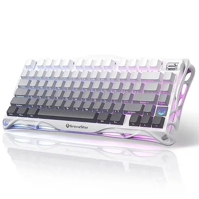 A white mechanical gaming keyboard with RGB lighting.