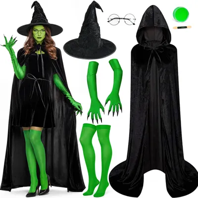 Obrázok produktu pre Sada kostýmu čarodejnice pre dámy, 5-dielna, s kapucňou a klobúkom, vhodná na Halloween