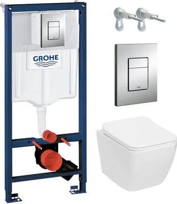 Domino-Premium-Set: Grohe Vorwandelement inkl. Drückerplatte Skate Cosmopolitan + randloses Wand-Hänge-WC Lavita LINO ohne Spülrand + WC-Sitz mit Soft-Close-Absenkautomatik