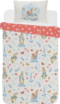 A Peter Rabbit themed duvet cover and pillowcase set.