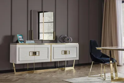 Produktbild von Elegantes weißes Sideboard mit Spiegel aus Holz, Metall und Glas