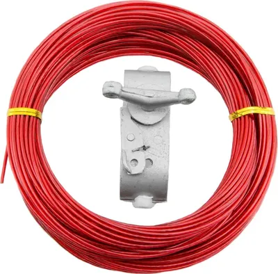 A coil of red wire with a metal clamp in the center, on a white background.
