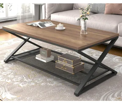 Zdjęcie produktu dla Stolik kawowy drewniany, prostokątny, z miejscem do przechowywania, wymiary: 120x60x45 cm, jasny odcień drewna, dąb