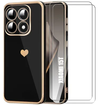 Image de Coque + 2 Verres Trempés pour Xiaomi 15T, Protection Silicone Motif Cœur Anti-Rayure Ultra Slim Souple Noir
